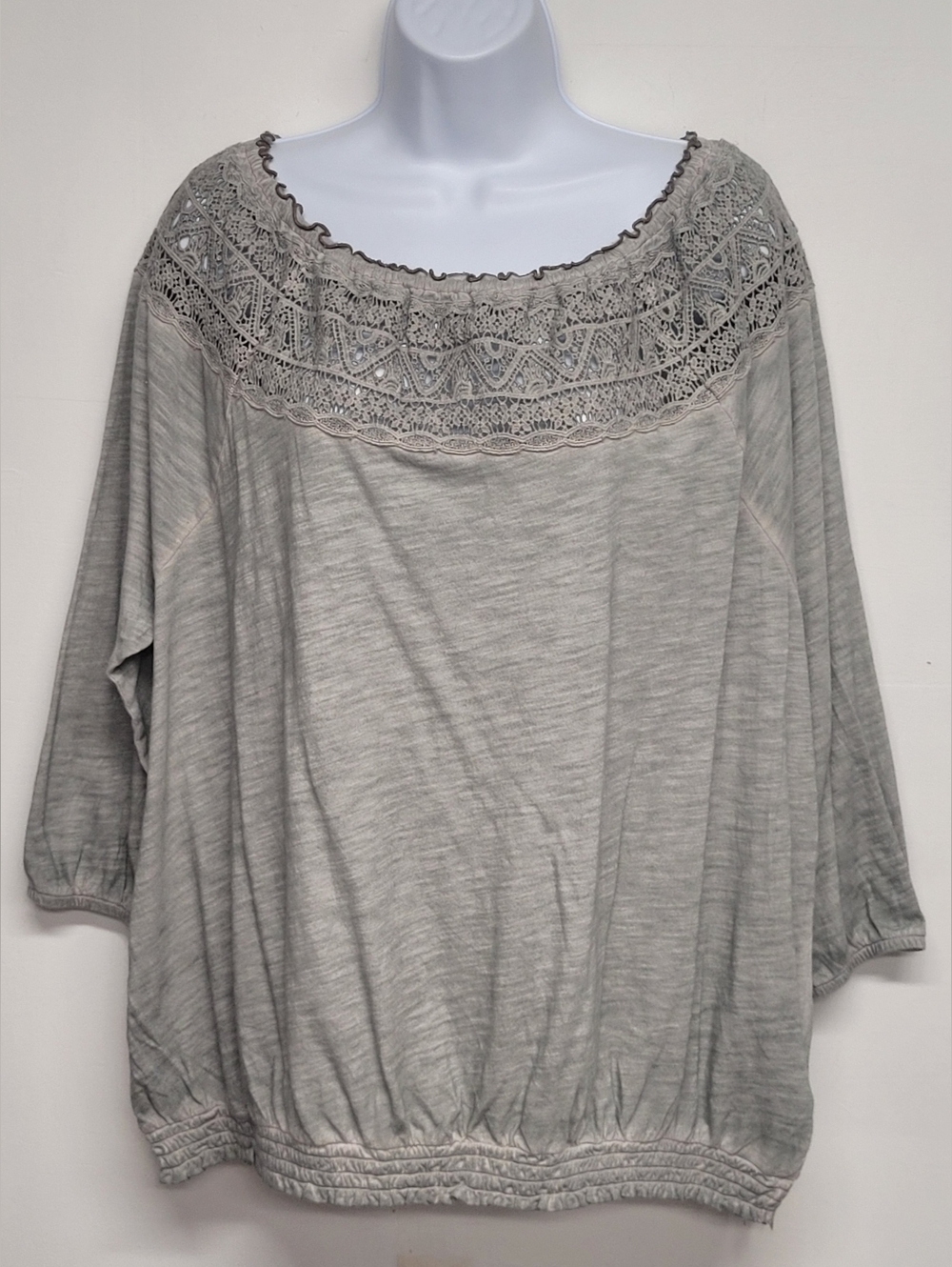 Sonoma 1X Cotton Top Sage Green. Crochet Neck Elastic Smocked Hem New